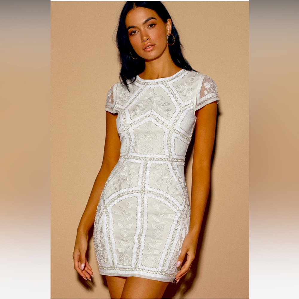 Lulu’s “Spread Your Shine” White Sequin Embroidered Bodycon Dress